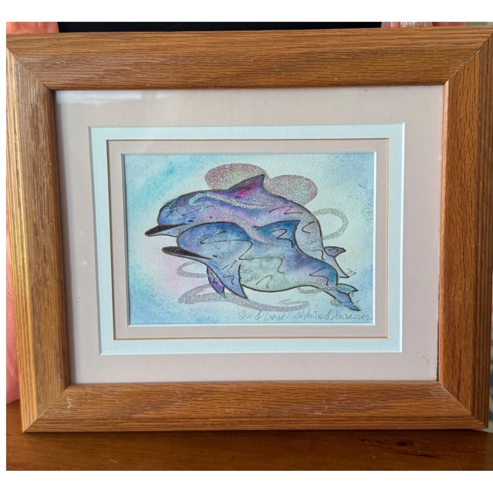 Jojo‎ Original Watercolor Sea of Love Dolphins of Hawaii 1995 Framed Glitter Art